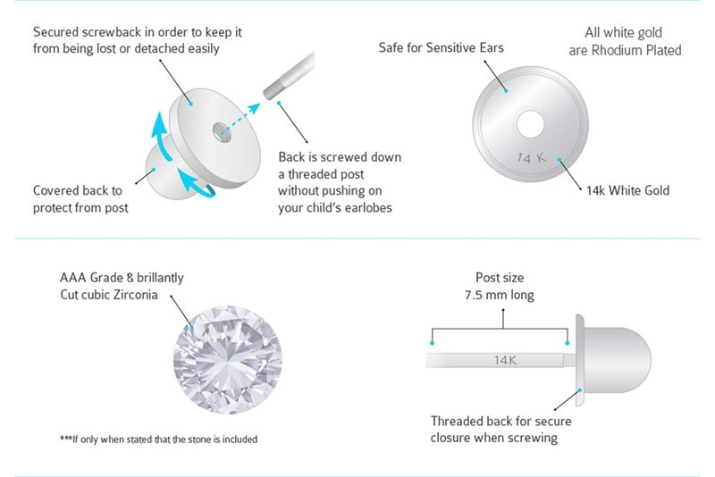 Lovearing 14k White Gold Tiny 2mm Basket Round Solitaire Cubic Zirconia Screw Back Baby Girls Earrings - Image 4